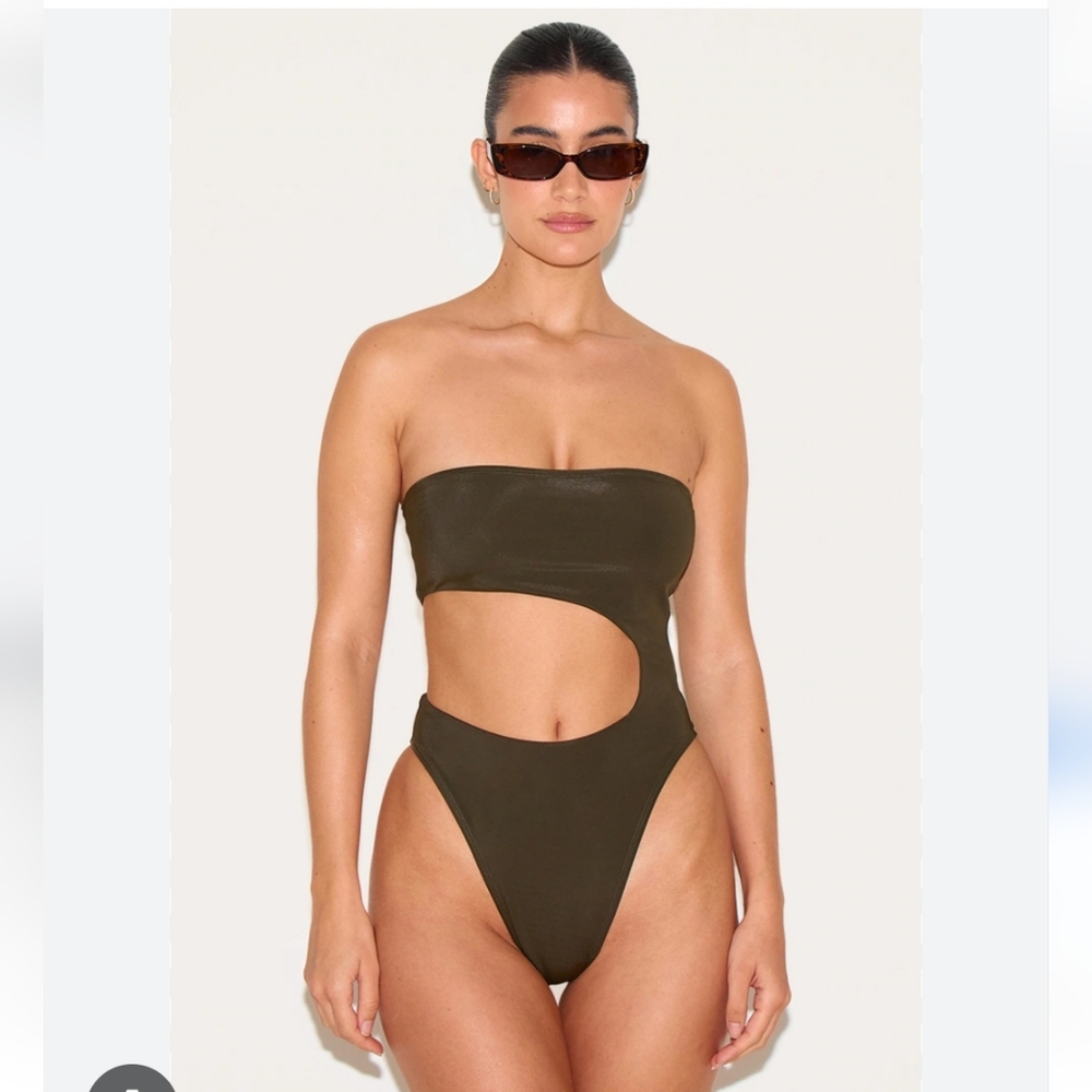 #92 NWT PrettyLittleThing Olive Green Bandeau Cut Out High Leg Swimsuit, Khaki